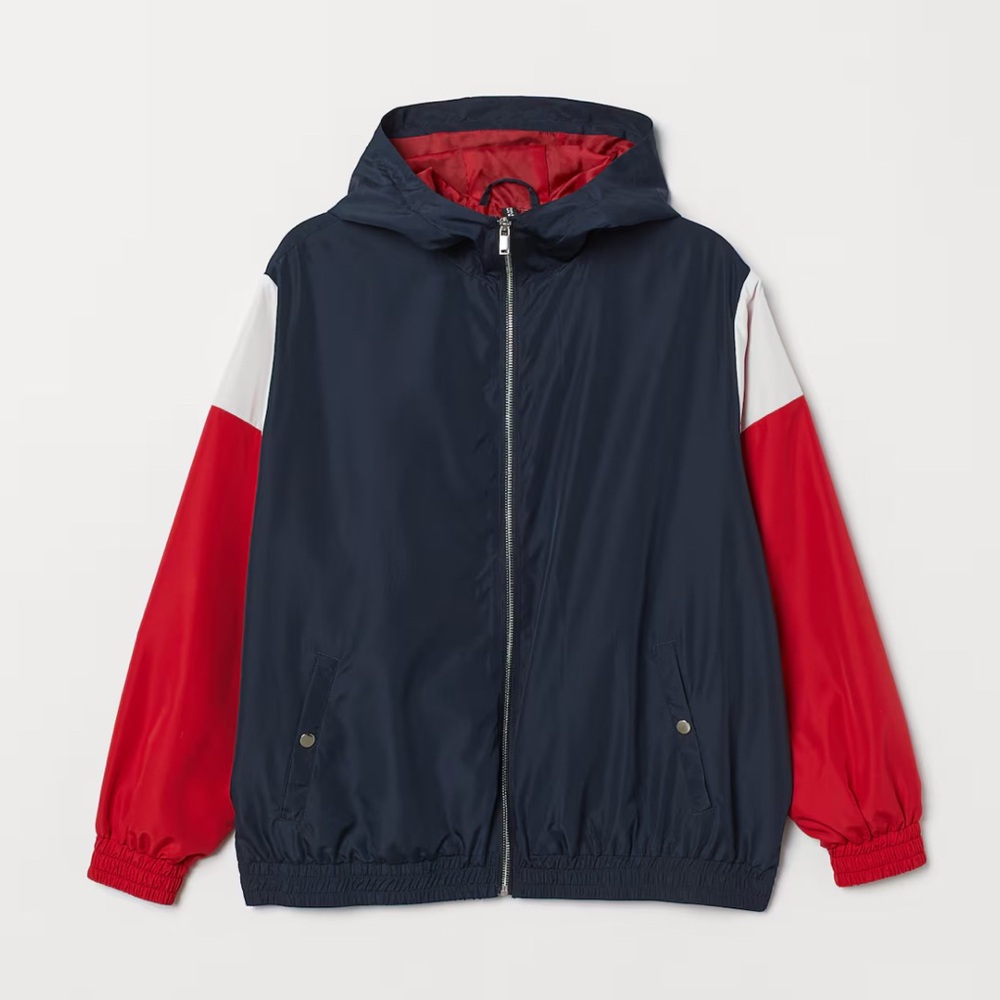 red white and blue bomber jacket
